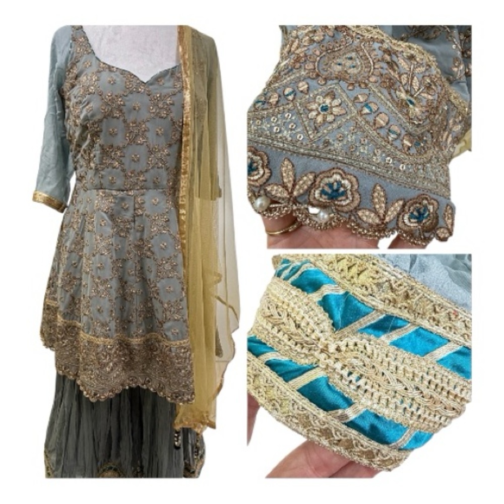 Heavy Embroidered Pakistani Ind Sharara 3-Piece Suit Zardozi Pearl Work – Size M